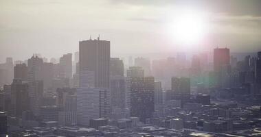 CGI Sunrise over a city skyline bathed in mist and soft light video