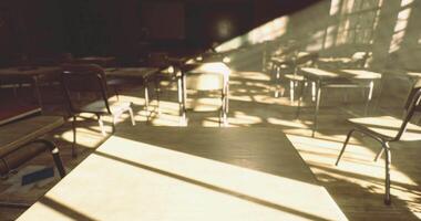 CGI Sunlight casts shadows across empty classroom desks during afternoon hours video