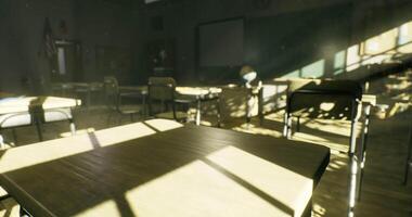 CGI Sunlight streaming through classroom windows illuminating desks and chairs video