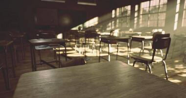 CGI Illuminated classroom with wooden desks and sunlight streaming inside video
