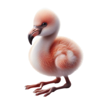 A small, fluffy flamingo chick stands upright with soft feathers in shades of pink and white, showcasing its delicate features and curious expression against a plain background png