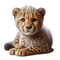 A young cheetah cub relaxes on a smooth surface, showcasing its soft, spotted fur and expressive eyes. The adorable animal appears calm and curious, capturing attention effortlessly png