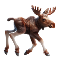 A young moose is joyfully trotting through a lush forest during a bright day. The surrounding greenery highlights its playful nature and youthful energy in the wild png