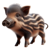 A playful piglet with unique striped fur stands on all fours, showcasing its vibrant and fluffy coat. The surroundings suggest a sunny day at a lively farm, enhancing its charm png