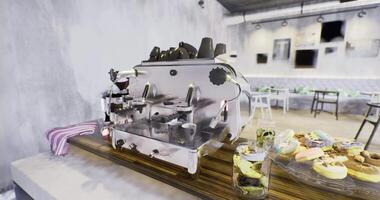 CGI Modern espresso machine in a cozy cafe setting with freshly baked goods video