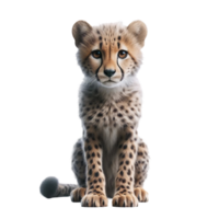 A young cheetah, with vibrant eyes and unique spots, sits attentively. The animal displays an inquisitive demeanor, showcasing its charm in a simple studio background png