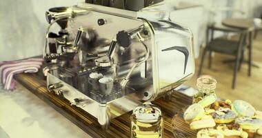 CGI Coffee brewing at a modern cafe in the morning with fresh pastries on display video