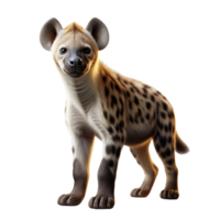A young hyena with soft, spotted fur stands playfully, showing curiosity. Its large ears and bright eyes add to its charm in a simple setting, emphasizing its youthful energy and personality png