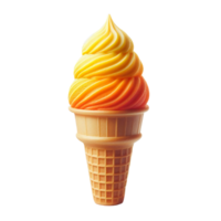 A vibrant ice cream cone features swirls of orange and yellow soft serve cream topped with a light fluffy texture. Perfect for enjoying on a hot day at a local dessert shop png