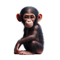 A young chimpanzee sits calmly with one hand resting on its knee, showcasing its inquisitive expression. The focus is on the chimp's facial features and fur texture, highlighting its playful nature png