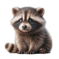 A fluffy raccoon cub sits on the ground with a cute expression, its round eyes full of curiosity. The soft fur and striped tail add to its adorable appearance, evoking a sense of innocence png