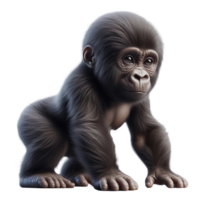 A young gorilla stands upright, gazing with curiosity in a natural environment. Its playful stance and expressive face capture the charm of this adorable primate in soft afternoon light png