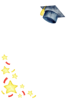 Graduation celebration frame design with cap and stars. End of course. Vertical template for certificate, diploma, invitation, card. Copy space. Education concept. For university, institute, school png