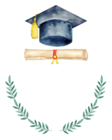 Graduation template with cap, diploma, and laurel leaves for celebration design. End of course. For certificate, diploma, invitation, card. Education concept. University, institute, school png