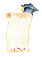 Academic achievement scroll and graduation cap background for graduation celebrations. Education concept. Vertical banner, invitation. Tempate for certificate, card. Copy space. Isolated End of course png