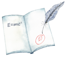 Open book with feather and physics formula for educational and scholarly themes. Watercolor for certificate, diploma, invitation, card. Copy space. End of course. Back to school. Education concept png
