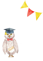 Graduation celebration with owl and festive flags design. End of course. Vertical banner, card, invitation, poster. Copy space. Isolated. Hand drawn. Template for education concept png