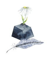 Vintage inkwell with feather and daisy for artistic design. End of course. Back to school. For certificate, diploma, invitation, card. Isolated. Education concept. University, institute, school png