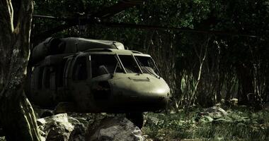 CGI Military helicopter parked near dense forest during overcast day video