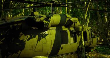 CGI Military helicopter parked in dense jungle foliage during daylight video