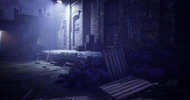 CGI Abandoned alleyway illuminated by streetlight at night with scattered debris video