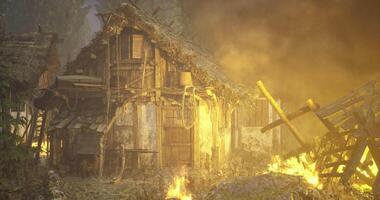 CGI Burning hut in a dense forest during twilight with smoke rising video