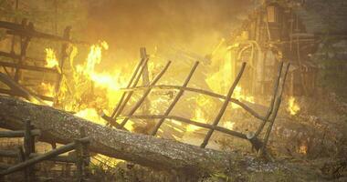 CGI Raging wildfire consumes forest area and structures during daylight hours video