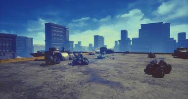 CGI Urban rooftop view showcasing city skyline under a bright blue sky video