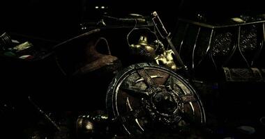 CGI Ancient treasure collection displayed in a dimly lit setting with artifacts video