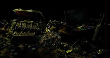 CGI Treasure trove filled with ancient artifacts and gold coins in dim light video