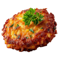 A cheese and tomato pattie with a sprig of parsley png