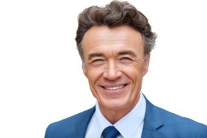 A man in a blue suit and tie smiling png