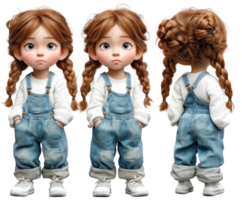 Three different dolls of a little girl wearing overalls png