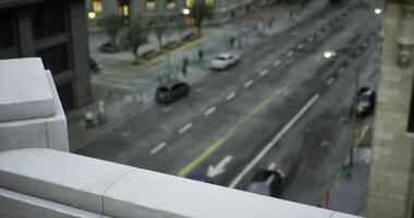 CGI Urban street view during evening with cars and pedestrians in motion video