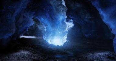 CGI Brilliant blue light illuminating an intricate ice cave formation in nature video