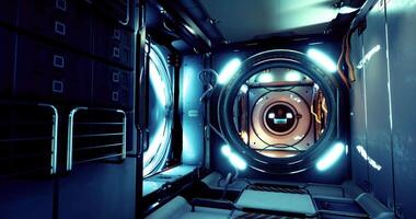 CGI Futuristic corridor with glowing lights inside a sci fi spaceship interior video