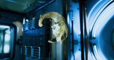 CGI Floating skull in a futuristic lab during an experiment video