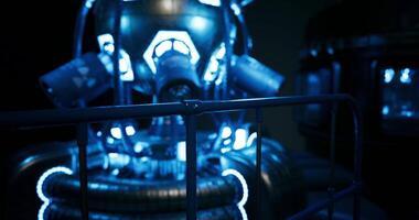 CGI Futuristic robotic machinery illuminated in vibrant blue light at night video