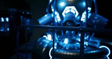 CGI High tech futuristic machine in a dark room with glowing blue lights video