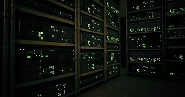 CGI Servers operate in a data center with illuminated indicators at night video
