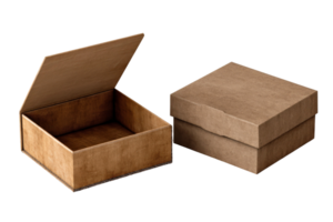 A cardboard box with a lid open on a black background png