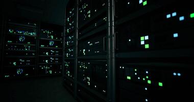 CGI Data center illuminated by electronic equipment during nighttime operations video