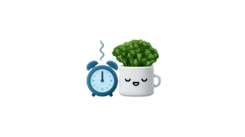 A plant in a mug with an alarm clock next to it png