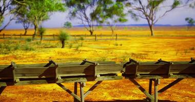 CGI Sunlit landscape with wooden troughs and vibrant yellow plains in Australia video