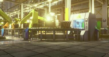 CGI High tech robotic assembly line operating in a modern industrial facility video