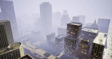 CGI Dense fog envelops a city skyline creating a mysterious urban landscape video