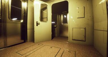 CGI Empty train compartment with metallic walls and open doors in dim lighting video