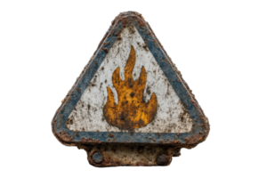 A rusty triangle sign with a fire in it png