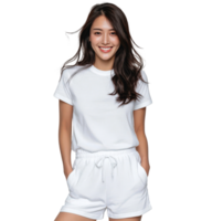 A woman in white shorts and a white t - shirt png