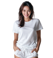 A woman in white t - shirt and shorts posing for the camera png